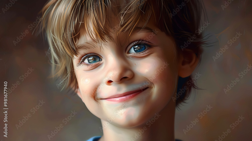 A close-up portrait of a young boy with blue eyes smiling. A close-up portrait of a young boy with blue eyes smiling.