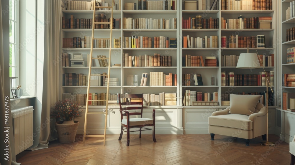 Luxurious home library featuring extensive floor-to-ceiling bookshelves, a stylish ladder, and a plush reading chair, providing a sophisticated and inviting atmosphere. Luxurious home library featuring extensive floor-to-ceiling bookshelves, a stylish ladder, and a plush reading chair, providing a sophisticated and inviting atmosphere.
