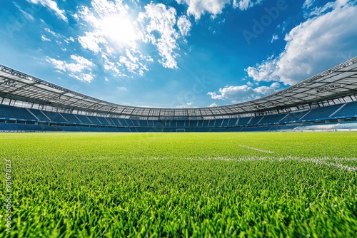 Empty nobody soccer stadium field with blue sky, soccer background, ai