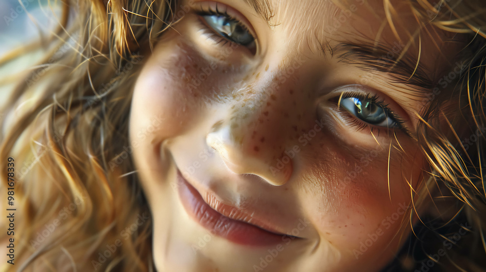 Close-up portrait of a young girl with freckles and blue eyes, smiling sweetly. Close-up portrait of a young girl with freckles and blue eyes, smiling sweetly.