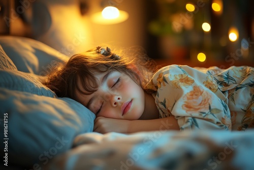 Peaceful child sleeping in bed with warm lighting and floral pajamas in a serene bedroom