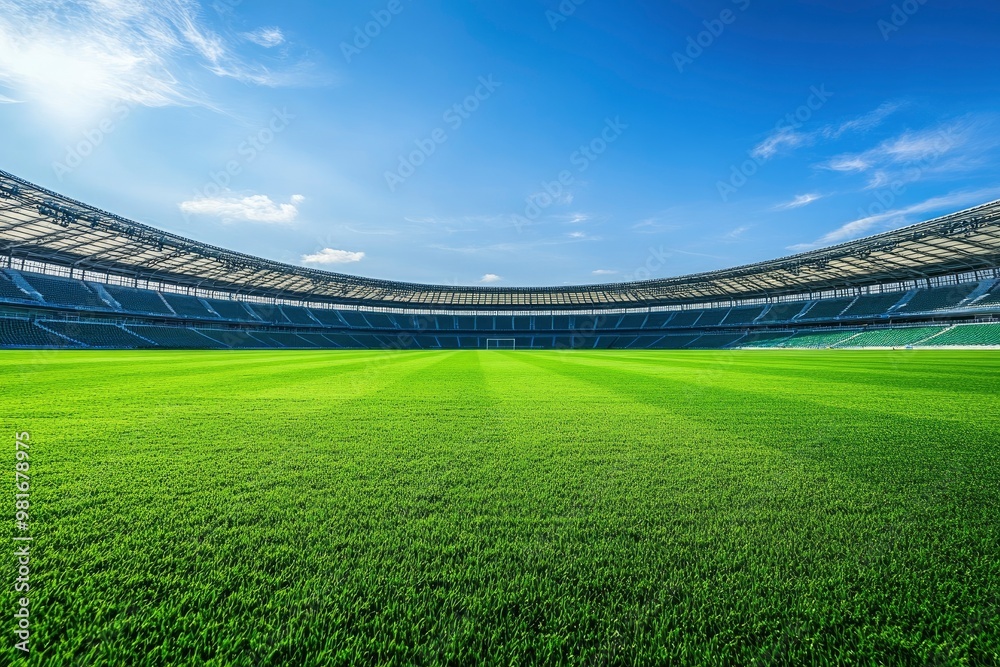 Fototapeta premium Empty nobody soccer stadium field with blue sky, soccer background, ai