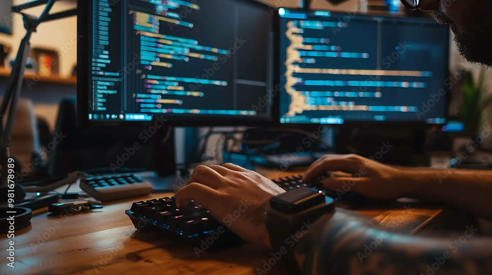 A programmer is coding on his computer with lines of code visible on the screen. A programmer is coding on his computer with lines of code visible on the screen.