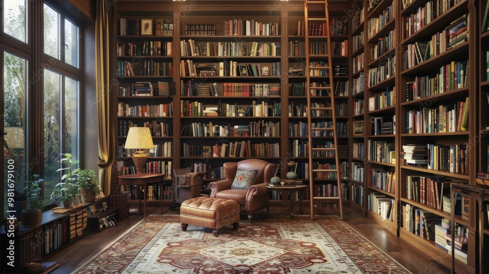 An upscale home library with extensive floor-to-ceiling bookshelves, a classic ladder, and a cozy reading chair, offering a refined and comfortable atmosphere. An upscale home library with extensive floor-to-ceiling bookshelves, a classic ladder, and a cozy reading chair, offering a refined and comfortable atmosphere.