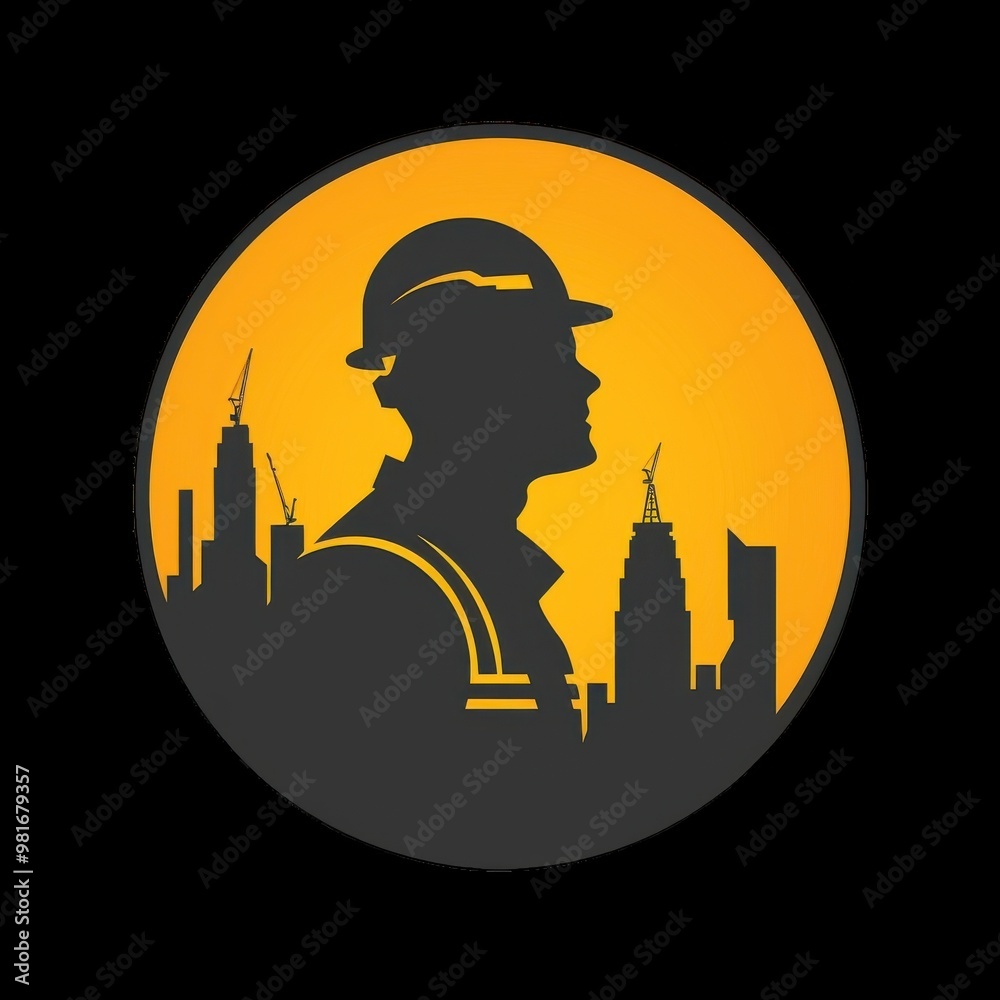 Silhouette of a construction worker against a city skyline Silhouette of a construction worker against a city skyline