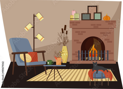 Interior of a cozy room with a fireplace. Armchair and floor lamp, coffee table with cup and jug. Cat sleeping on pouf. Vector illustration