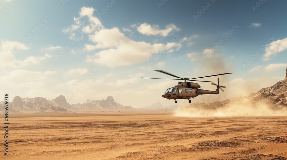 A military helicopter flies low over a desert landscape, kicking up dust as it passes. A military helicopter flies low over a desert landscape, kicking up dust as it passes.