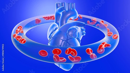 Animación 3d de un corazón latiendo, mostrando las arterias coronarias. Rodeándolo como una órbita por la circulación de los glóbulos rojos de la sangre sobre fondo azul degradado.