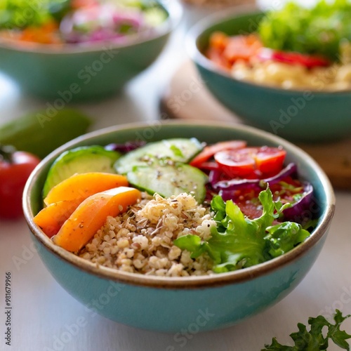 Healthy breakfast bowls with depth of field showcasing vibrant fruits, grains, and nutritious toppings