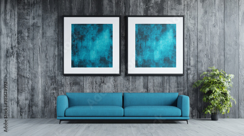 Blue couch in front of a grey wall with two abstract paintings