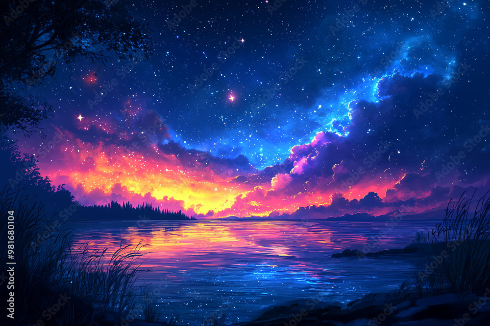 Fototapeta premium Stunning Night Sky Over a Tranquil Lake