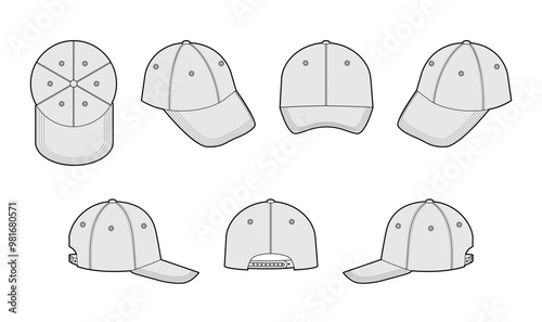 Set of Baseball Fitted Field Cap Hat. Summer Head Fashion accessory clothing technical illustration. Vector headgear for Men, women, unisex style, flat template CAD mockup sketch outline isolated