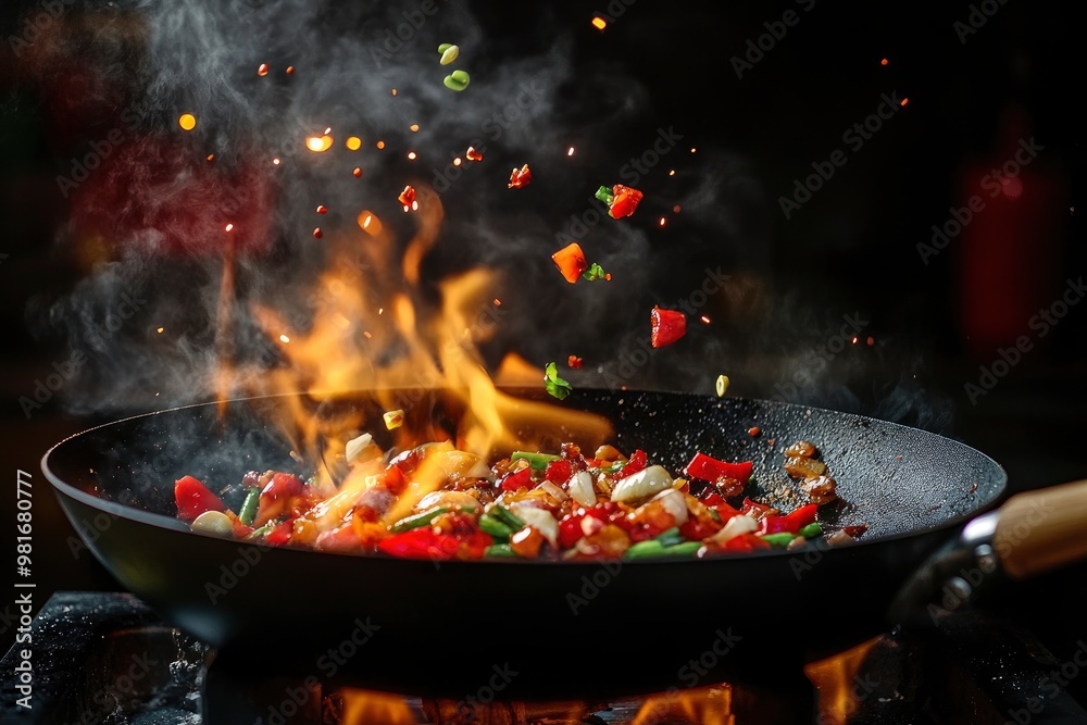 Freeze Motion of Wok Pan with Flying Ingredients in the Air and Fire Flames , ai Freeze Motion of Wok Pan with Flying Ingredients in the Air and Fire Flames , ai