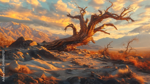 Ancient Majesty: A gnarled bristlecone pine, weathered by time, stands defiant against a fiery sunset in the rugged beauty of a mountain desert landscape.  photo