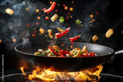 Freeze Motion of Wok Pan with Flying Ingredients in the Air and Fire Flames , ai