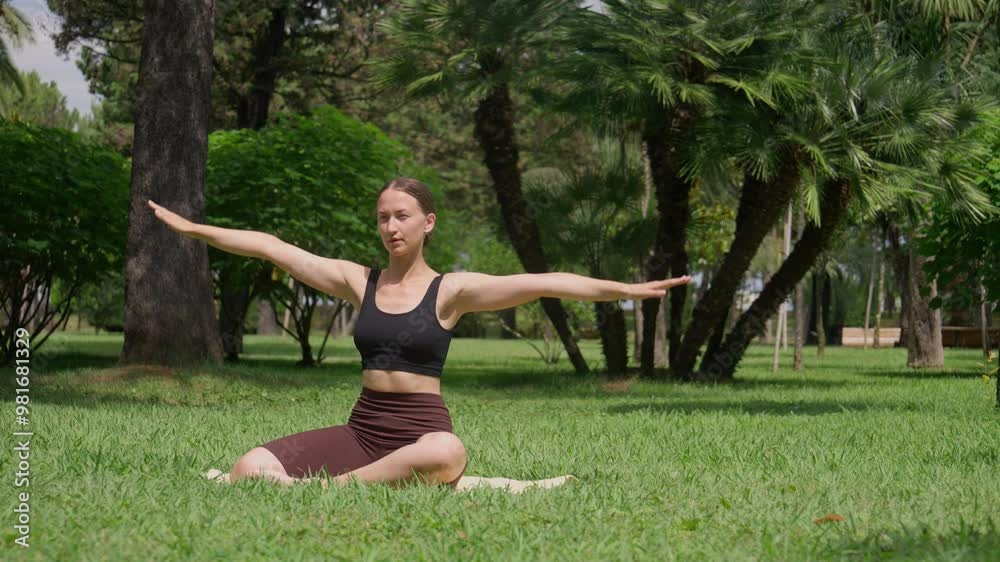 Young woman doing yoga outdoors in park, stretching her arms to side while sitting on grass. Wearing sportswear, she leads healthy lifestyle surrounded by nature Young woman doing yoga outdoors in park, stretching her arms to side while sitting on grass. Wearing sportswear, she leads healthy lifestyle surrounded by nature