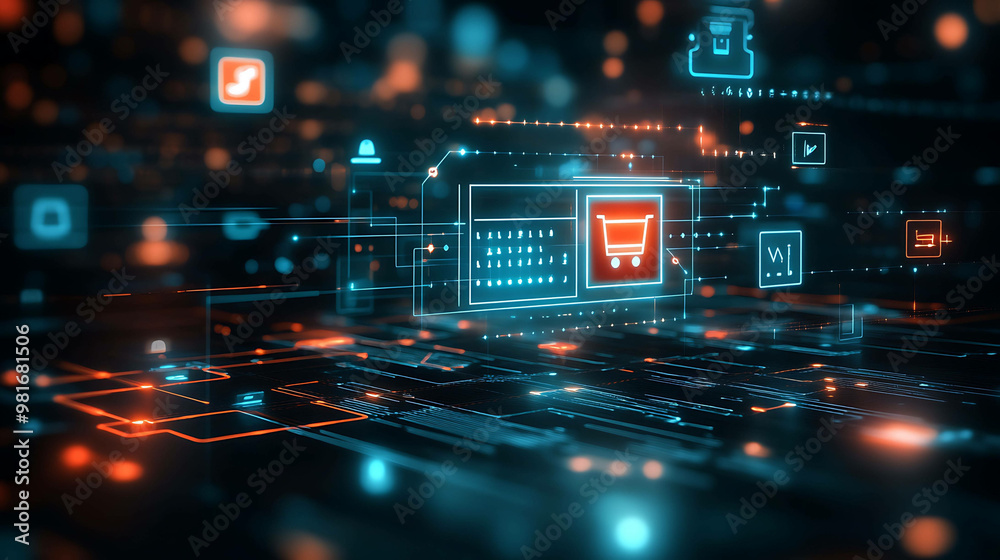 Abstract digital background with glowing lines and a shopping cart icon. Abstract digital background with glowing lines and a shopping cart icon.