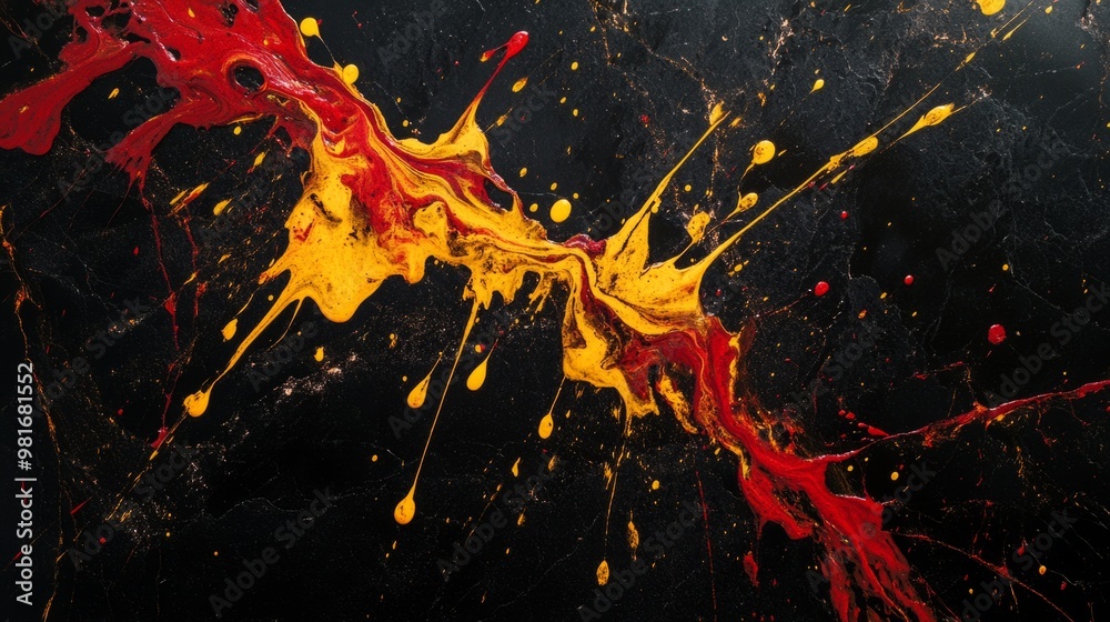 Splattered red and yellow paint on black marble, fiery abstract background generative ai Splattered red and yellow paint on black marble, fiery abstract background generative ai