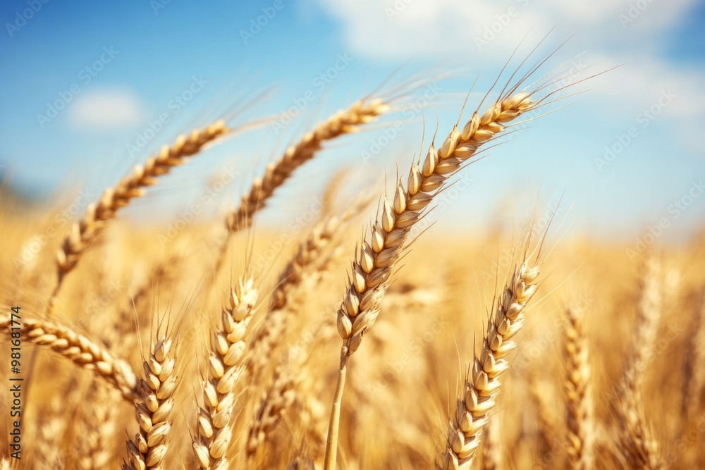 Close-up of a golden wheat field under a blue sky on a sunny day, featuring beautiful high-definition photography with a softly blurred background. Close-up of a golden wheat field under a blue sky on a sunny day, featuring beautiful high-definition photography with a softly blurred background.