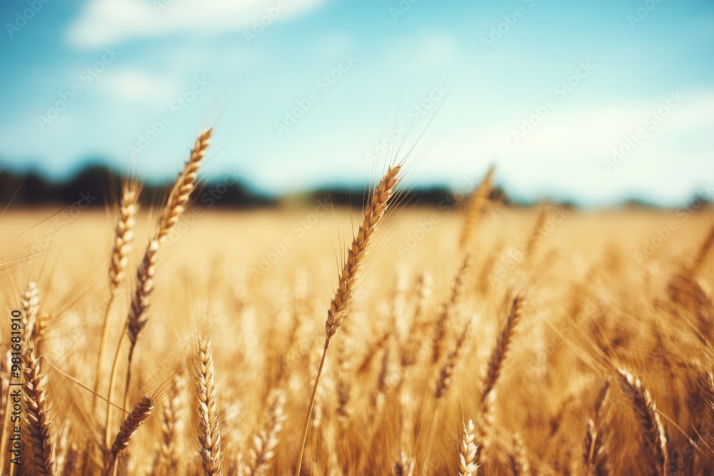 Fototapeta premium Close-up of a golden wheat field under a blue sky on a sunny day, featuring beautiful high-definition photography with a softly blurred background.