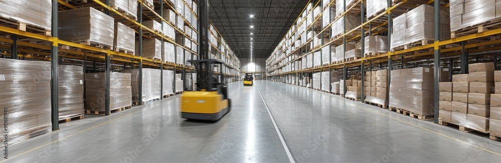 Panoramic view of an empty warehouse featuring high shelves filled with boxes and pallets, with forklifts moving goods in a concrete gray setting highlighted by soft overhead lighting and a splash of Panoramic view of an empty warehouse featuring high shelves filled with boxes and pallets, with forklifts moving goods in a concrete gray setting highlighted by soft overhead lighting and a splash of