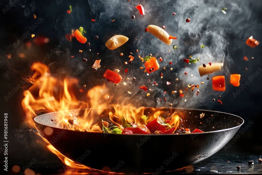 Freeze Motion of Wok Pan with Flying Ingredients in the Air and Fire Flames , ai