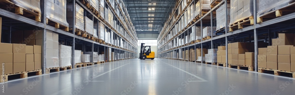 Panoramic view of an empty warehouse featuring high shelves filled with boxes and pallets, with forklifts moving goods in a concrete gray setting highlighted by soft overhead lighting and a splash of 