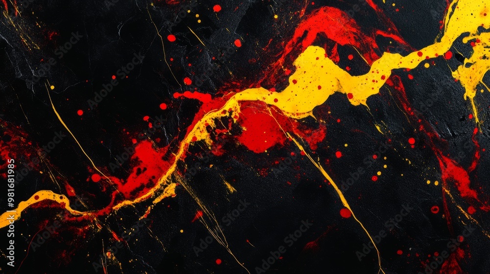 Splattered red and yellow paint on black marble, fiery abstract background generative ai Splattered red and yellow paint on black marble, fiery abstract background generative ai