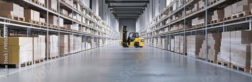 Panoramic view of an empty warehouse featuring high shelves filled with boxes and pallets, with forklifts moving goods in a concrete gray setting highlighted by soft overhead lighting and a splash of 