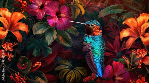 A Vibrant Hummingbird Amidst Lush Tropical Blooms