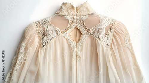 A white, vintage, sheer blouse with floral lace detailing.