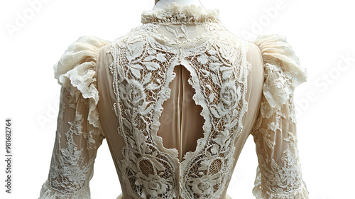 Back view of a delicate lace dress with a keyhole back. photo