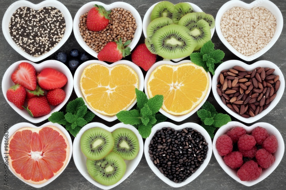 Heart-shaped arrangement of colorful fruits, vegetables, and grains in white bowls on a table, showcasing a variety of healthy foods like strawberries, kiwi, oranges, and broccoli. Heart-shaped arrangement of colorful fruits, vegetables, and grains in white bowls on a table, showcasing a variety of healthy foods like strawberries, kiwi, oranges, and broccoli.