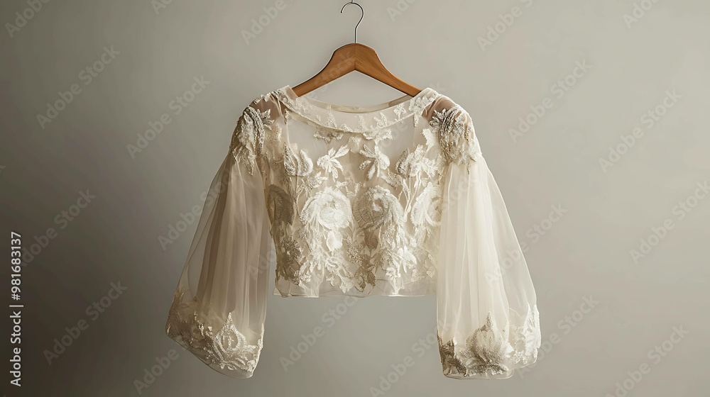 A delicate white lace top with long sleeves, hanging on a wooden hanger. A delicate white lace top with long sleeves, hanging on a wooden hanger.