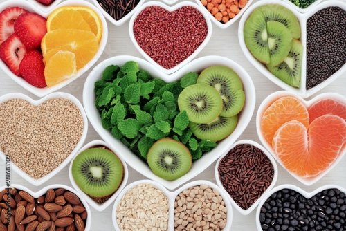 Heart-shaped arrangement of colorful fruits, vegetables, and grains in white bowls on a table, showcasing a variety of healthy foods like strawberries, kiwi, oranges, and broccoli.