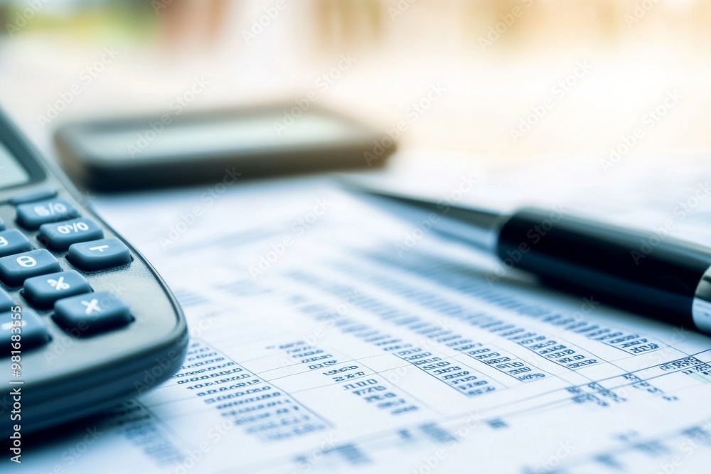 Close-up of financial documents with a calculator and pen, highlighting overhead costs with a blurred background for emphasis. Close-up of financial documents with a calculator and pen, highlighting overhead costs with a blurred background for emphasis.