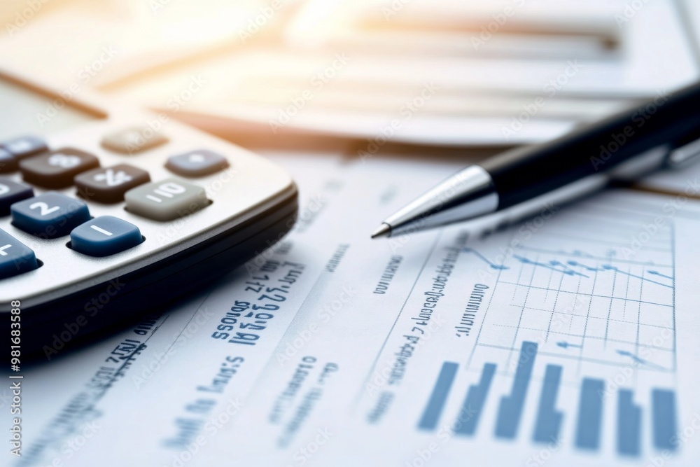 Close-up of financial documents with a calculator and pen, highlighting overhead costs with a blurred background for emphasis. Close-up of financial documents with a calculator and pen, highlighting overhead costs with a blurred background for emphasis.