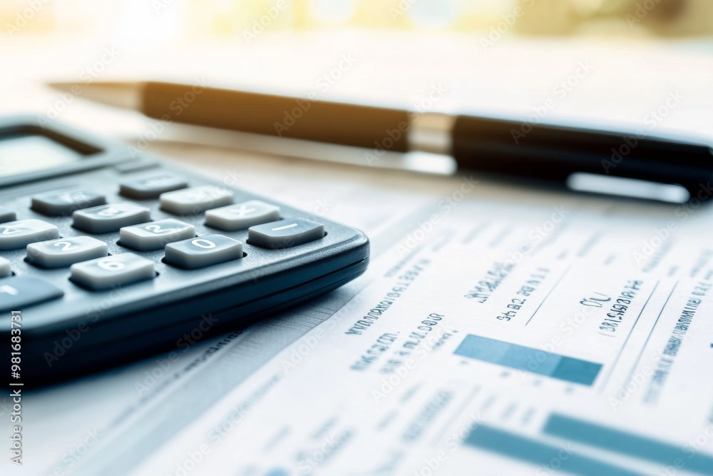 Close-up of financial documents with a calculator and pen, highlighting overhead costs with a blurred background for emphasis. Close-up of financial documents with a calculator and pen, highlighting overhead costs with a blurred background for emphasis.