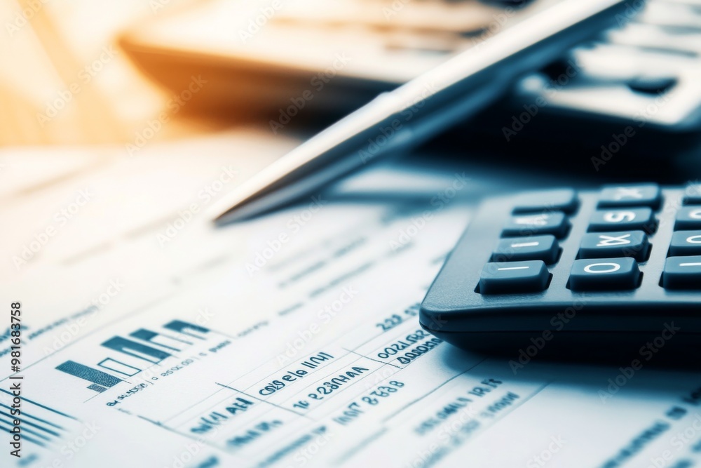 Close-up of financial documents with a calculator and pen, highlighting overhead costs with a blurred background for emphasis. Close-up of financial documents with a calculator and pen, highlighting overhead costs with a blurred background for emphasis.