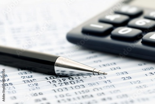 Close-up of financial documents with a calculator and pen, highlighting overhead costs with a blurred background for emphasis.