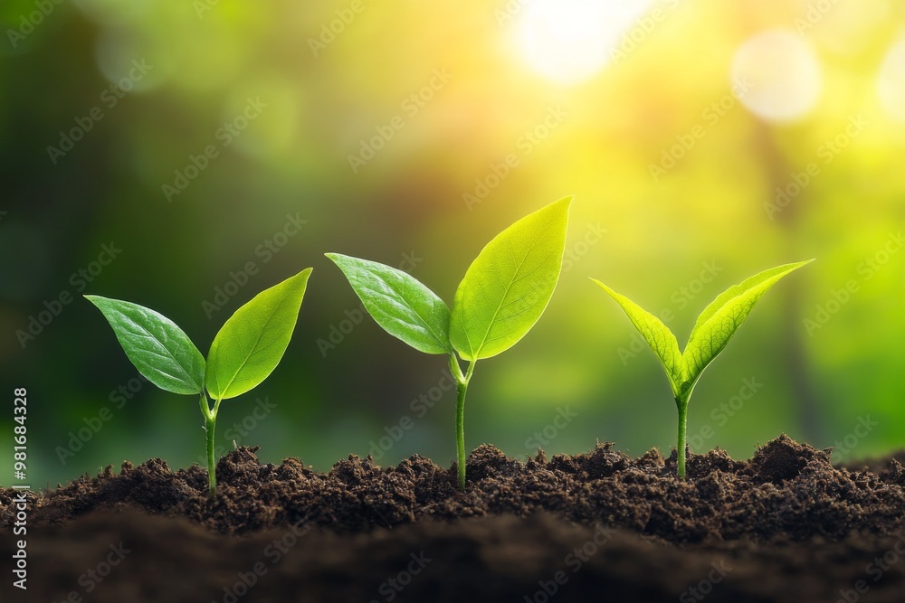 Three small green plants emerging from the ground in a sunlit natural setting, representing growth and eco-friendliness in an environmental context. Three small green plants emerging from the ground in a sunlit natural setting, representing growth and eco-friendliness in an environmental context.