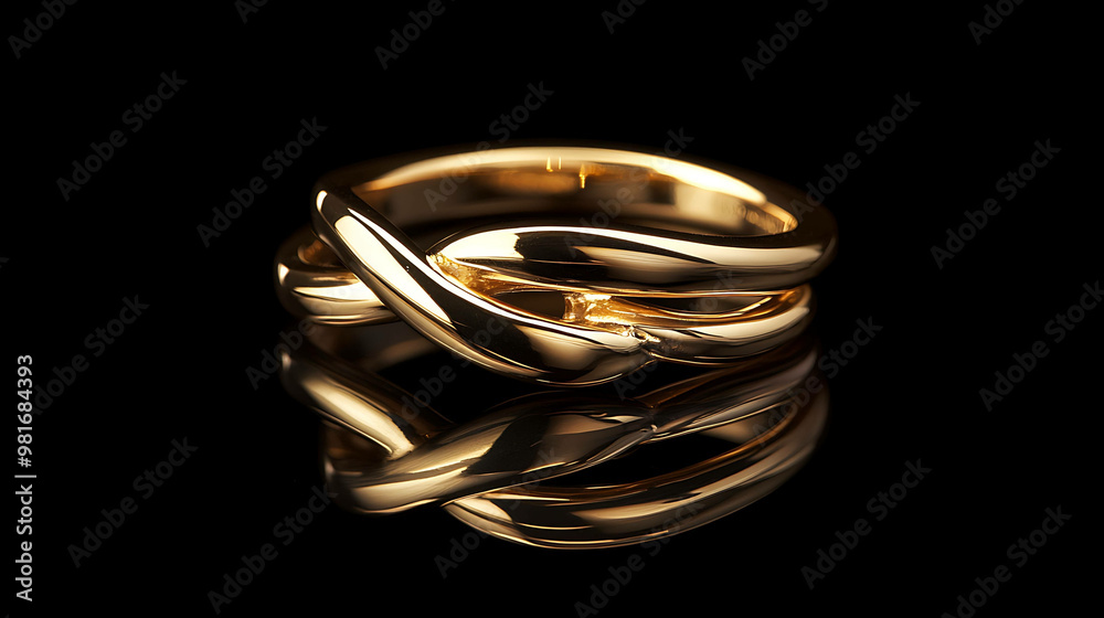 A shiny gold ring with a unique, twisted design sits on a black surface. A shiny gold ring with a unique, twisted design sits on a black surface.