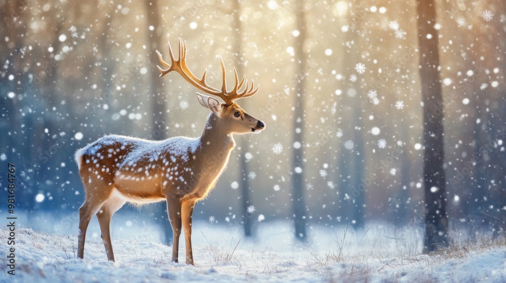 Obraz premium Deer standing in snowy winter forest with