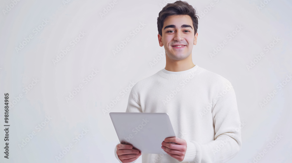 Working with joy. Handsome young man using his laptop and looking at the camera with a smile while standing against a white background. Working with joy. Handsome young man using his laptop and looking at the camera with a smile while standing against a white background.