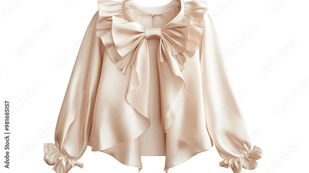 Elegant satin blouse with large bow and ruffle details. Elegant satin blouse with large bow and ruffle details.