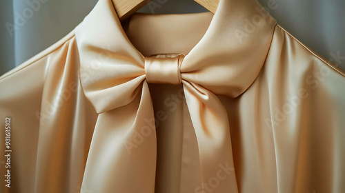 A close-up shot of a soft, silky, gold shirt with a bow tied at the collar.