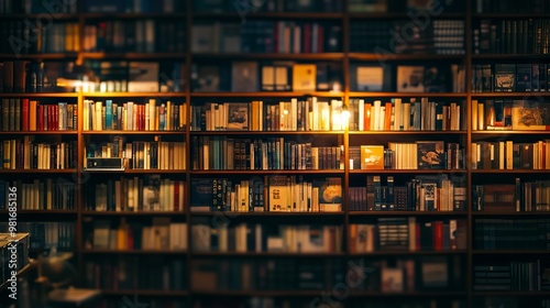 Ambiently Lit Library With Books Organized On Wooden Shelves photo