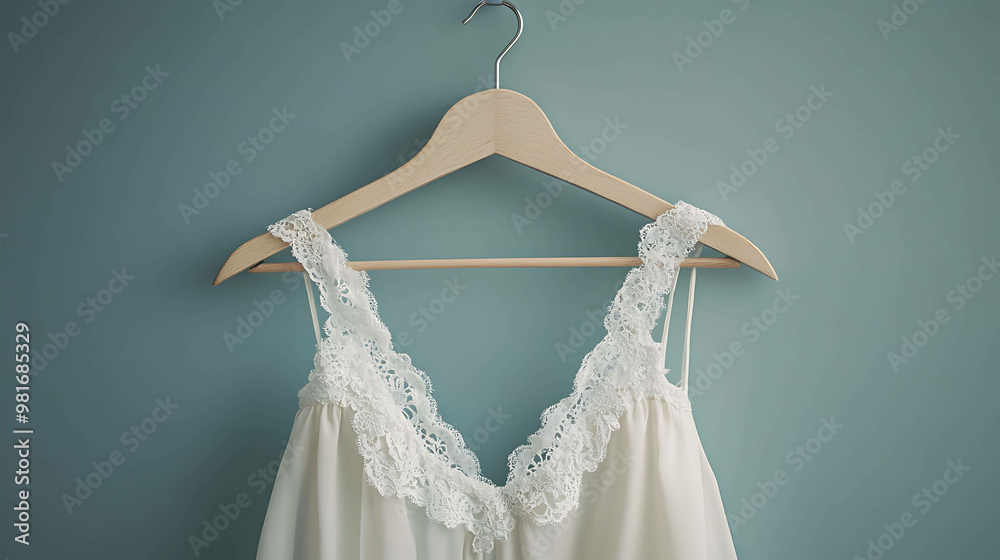 A white lace camisole hangs on a wooden hanger against a blue wall. A white lace camisole hangs on a wooden hanger against a blue wall.