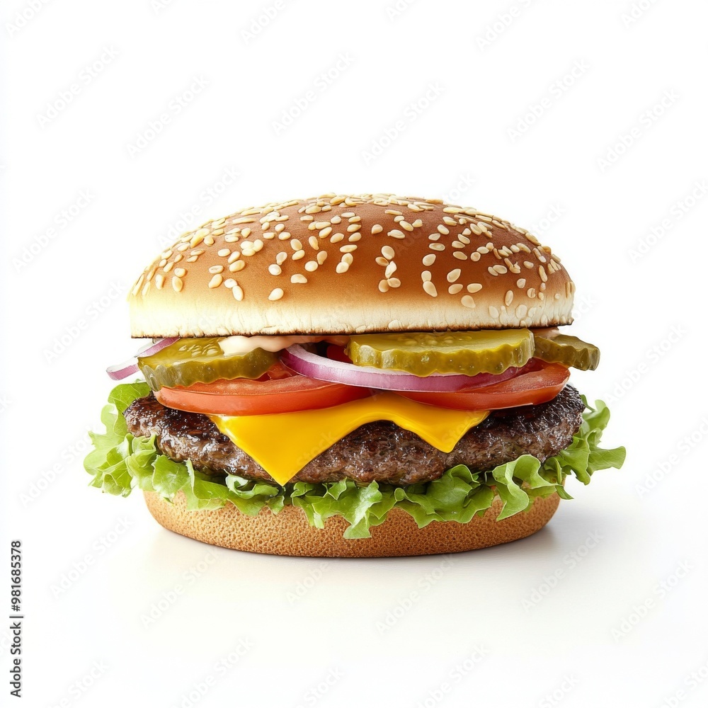 Photorealistic hamburger with cheese, lettuce, and tomato on a white background, featuring a golden sesame seed bun and vibrant toppings. Photorealistic hamburger with cheese, lettuce, and tomato on a white background, featuring a golden sesame seed bun and vibrant toppings.
