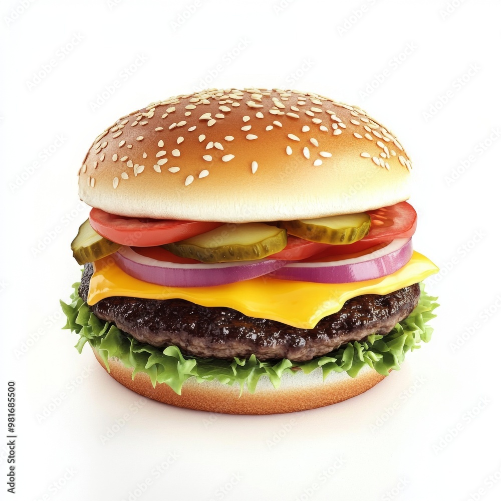 Photorealistic hamburger with cheese, lettuce, and tomato on a white background, featuring a golden sesame seed bun and vibrant toppings. Photorealistic hamburger with cheese, lettuce, and tomato on a white background, featuring a golden sesame seed bun and vibrant toppings.